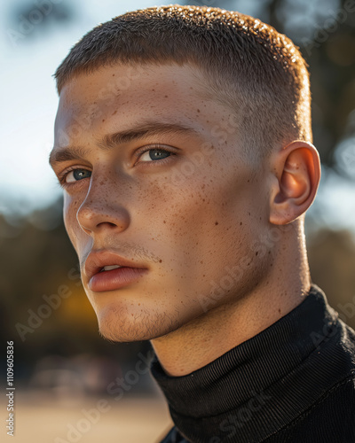 A young man stands confidently in natural light, showcasing a fresh haircut and defined facial features. His serious expression complements the warm backdrop of the late afternoon.