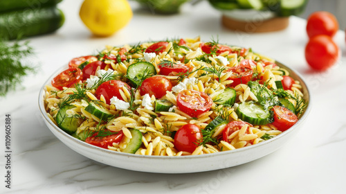 vibrant orzo salad featuring fresh tomatoes, cucumbers, and dill, perfect for refreshing meal. This colorful dish is ideal for summer gatherings and healthy eating