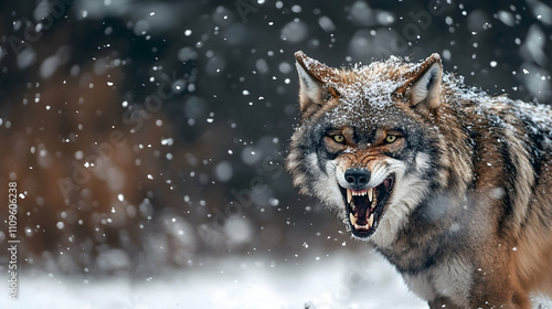 A wolf snarling in a snowy landscape, its piercing eyes and sharp teeth emphasizing its dominance and wild instincts.

 photo