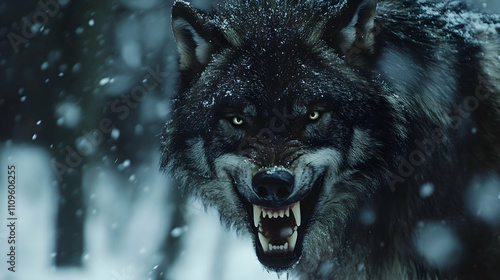 A black wolf snarling in the snow, its menacing expression and sharp teeth highlighting its predatory instincts.

