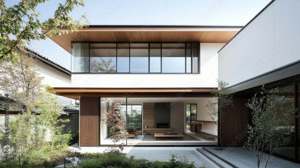 Fototapeta premium Minimalist house with a rooftop garden filled with fresh green plants, background wallpaper AI generated image