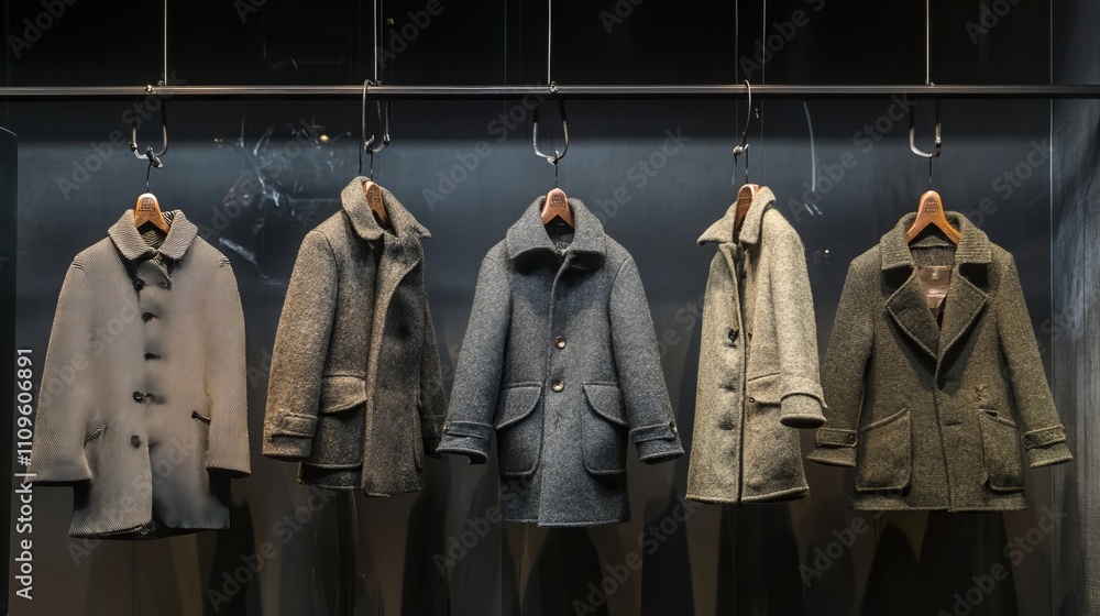An array of woolen coats adorn a retail display, each suspended gracefully from a hanger's embrace. 