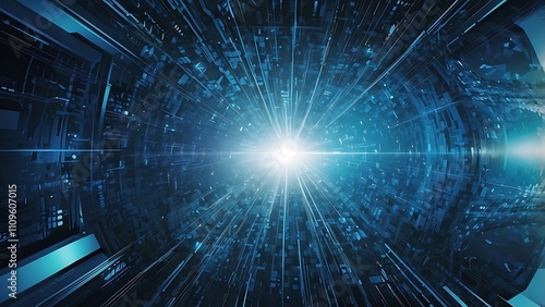 Futuristic glowing blue circular web interface with digital circuits, cyber elements radiating light and energy.