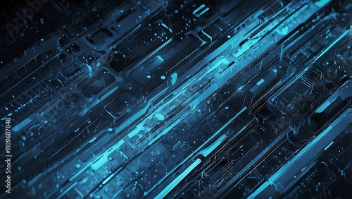 Abstract blue futuristic circuit design with glowing lines, layered structures, and intricate digital patterns in a technological theme.