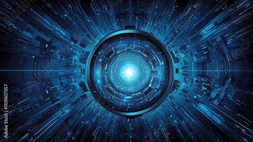 Futuristic glowing blue circular interface with digital circuits, abstract technology patterns, and cyber elements radiating light and energy.