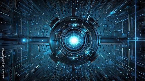 Futuristic glowing blue circular interface with digital circuits, abstract technology patterns, and cyber elements radiating light and energy.