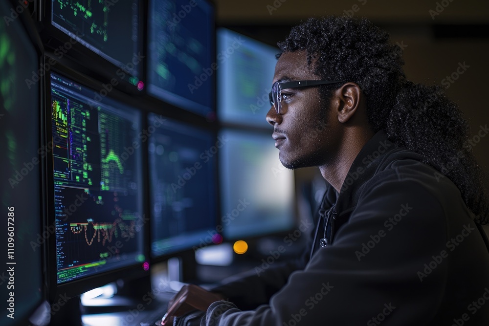 Black male scientist working in a natural light control room with multiple computer screens and windows displaying data and charts, using AI technology Black male scientist working in a natural light control room with multiple computer screens and windows displaying data and charts, using AI technology