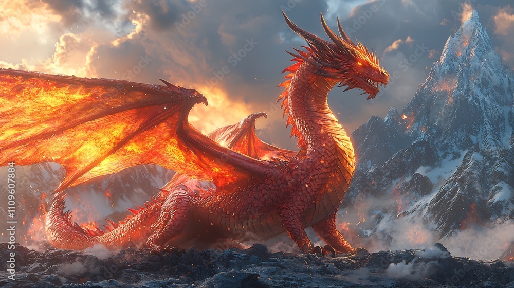 Majestic wings dragon coiled around a mountain with a dynamic pose and bright fiery colors Majestic wings dragon coiled around a mountain with a dynamic pose and bright fiery colors