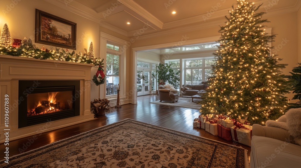 An illuminated Christmas tree stands beside a cozy fireplace, creating a festive ambiance for the home. An illuminated Christmas tree stands beside a cozy fireplace, creating a festive ambiance for the home.