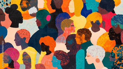 Colorful diverse people crowd abstract art seamless pattern. Multi-ethnic community, big cultural diversity group background illustration in modern collage painting style