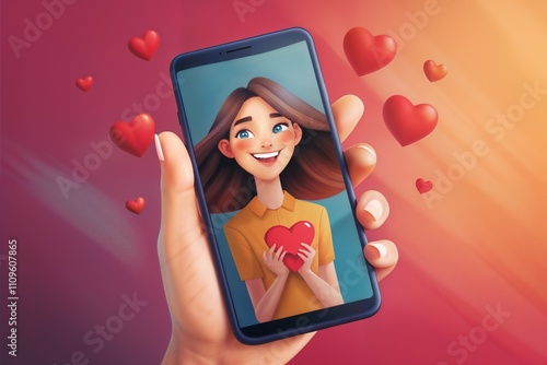 Digital love message illustration, smiling girl on smartphone`s screen sharing her heart online.