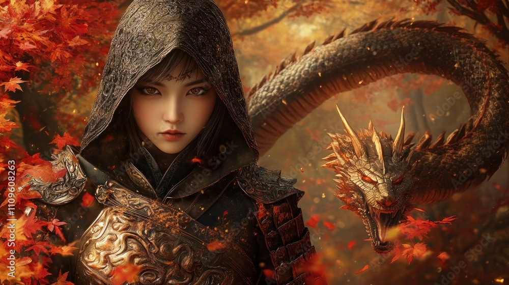 A veiled Asian female knight in patterned armor stands in a forest of red leaves accompanied by a dragon background wallpaper AI generated image A veiled Asian female knight in patterned armor stands in a forest of red leaves accompanied by a dragon background wallpaper AI generated image