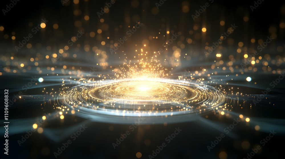 Obraz premium A glowing golden ring of energy particles radiating from the center, creating the illusion of a cosmic portal or energy field.