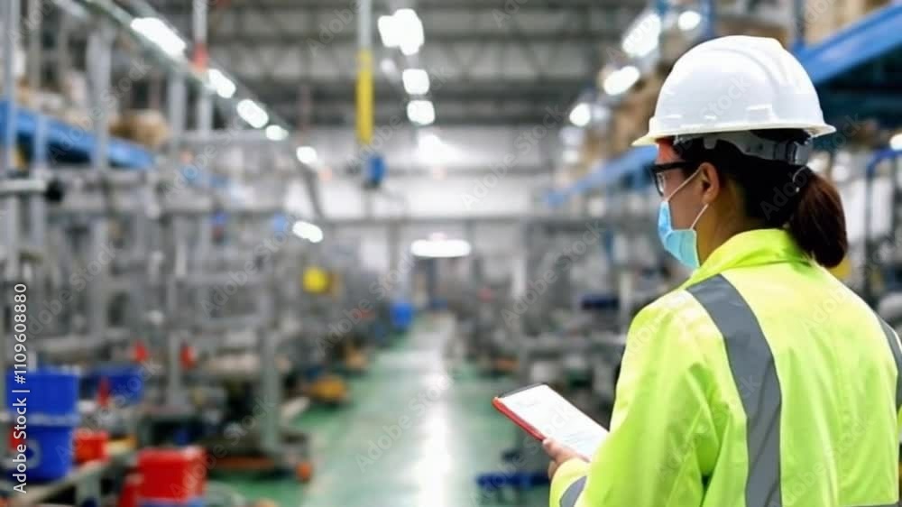 Wide shot health and safety engineer monitoring a factory environment blur assembly line with workers and tools in the background