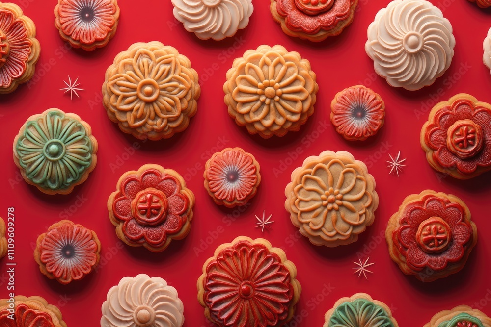 A poster of mooncakes with intricate designs on a festive red background A poster of mooncakes with intricate designs on a festive red background