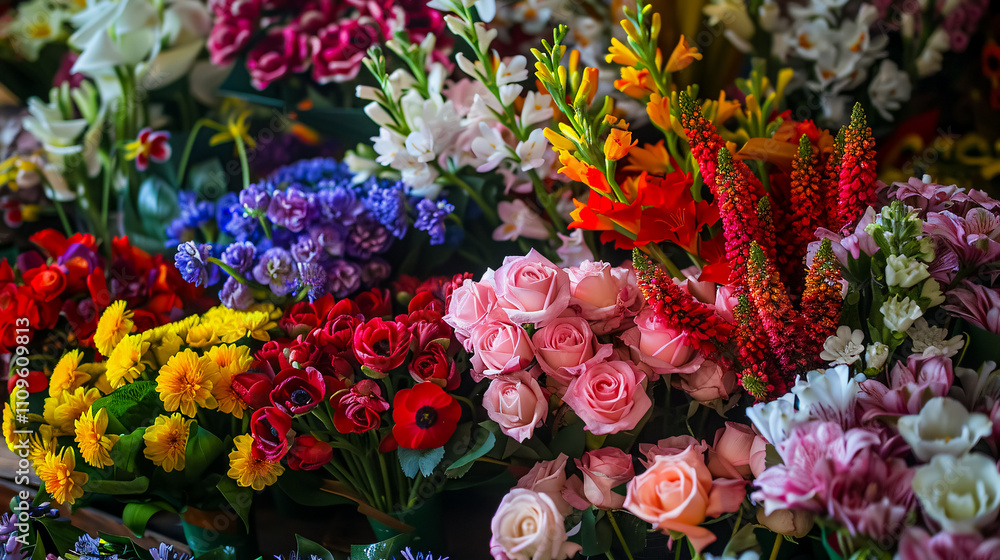 Many different colors on stand: Flowers in a flower shop, background of a mix of flowers. For catalog or online store. Many different colors on stand: Flowers in a flower shop, background of a mix of flowers. For catalog or online store.
