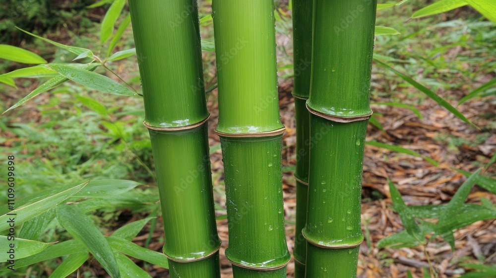 Fototapeta premium Close up of green bamboo wild nature stems smooth surface background wallpaper AI generated image