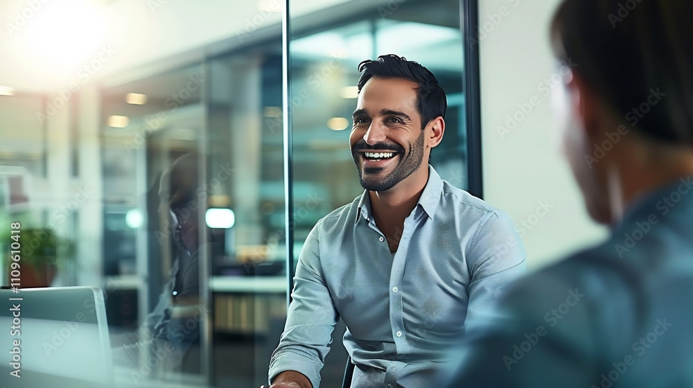 Smiling businessman conducting performance review corporate executive sleek modern office image captures focus evaluating success setting new goals fostering professional growth within organization Smiling businessman conducting performance review corporate executive sleek modern office image captures focus evaluating success setting new goals fostering professional growth within organization