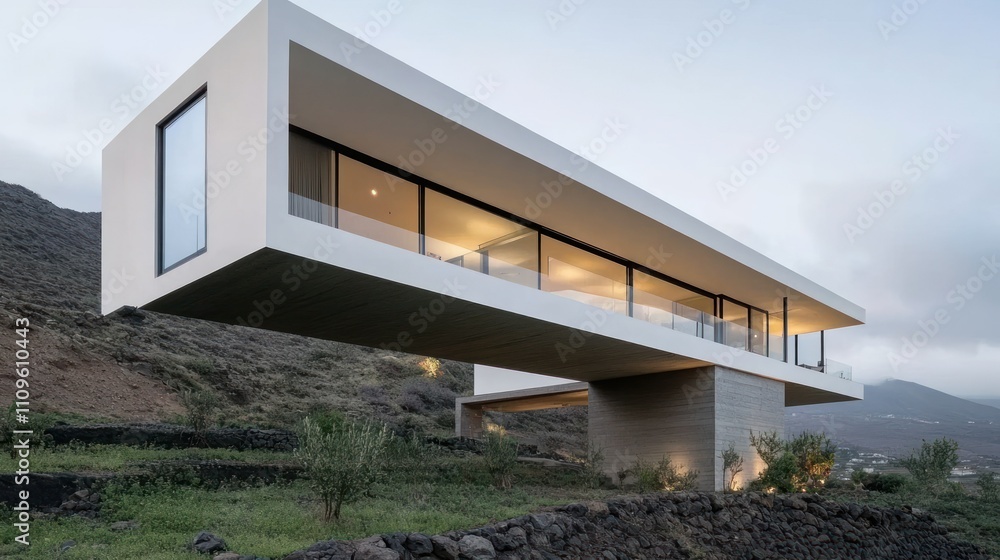 Stunning minimalist home with a cantilevered balcony that seems to float above the landscape background wallpaper AI generated image