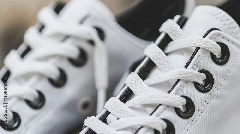 Close-up of white sneakers' shoelaces with a black shoe in the background. Close-up of white sneakers' shoelaces with a black shoe in the background.