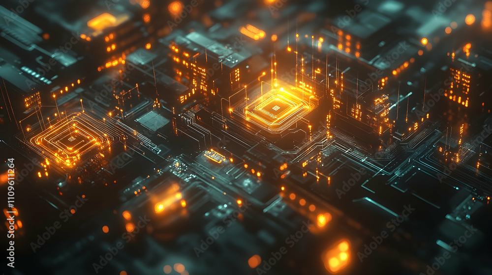 A bird's-eye view of a futuristic circuit board glowing with vibrant golden lights, symbolizing the power and energy of advanced computing.
A bird's-eye view of a futuristic circuit board glowing with vibrant golden lights, symbolizing the power and energy of advanced computing.