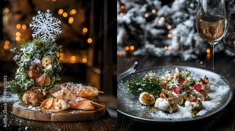 Festive seafood and meat skewers with Christmas decorations, served on wooden boards and plates. Festive seafood and meat skewers with Christmas decorations, served on wooden boards and plates.