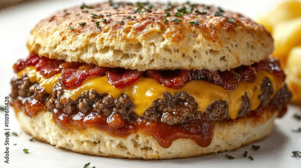 Juicy cheeseburger with crispy bacon on a freshly baked biscuit served with golden fries Juicy cheeseburger with crispy bacon on a freshly baked biscuit served with golden fries