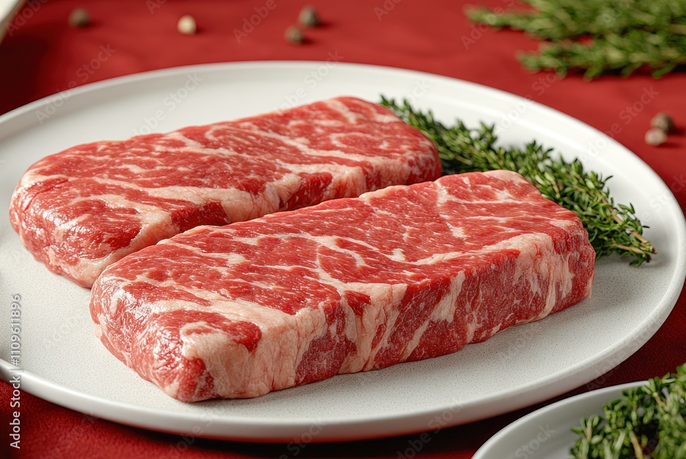 Quality marbled steak cuts resting on a decorative plate with fresh herbs at a culinary setting Quality marbled steak cuts resting on a decorative plate with fresh herbs at a culinary setting