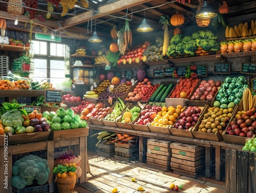 A vibrant market stall filled with fresh fruits and vegetables.