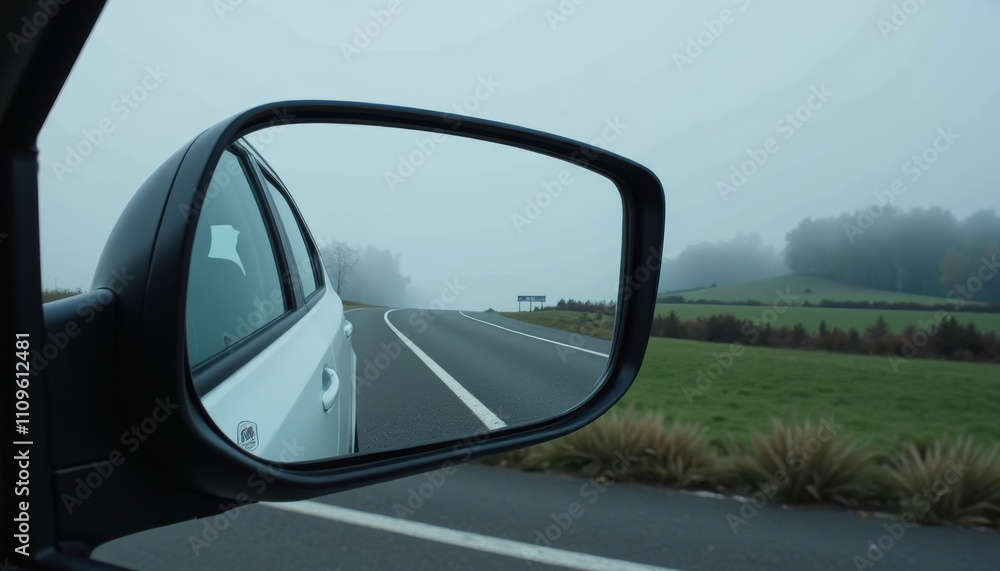 Journey through misty landscapes on a winding road captured in early morning tranquility Journey through misty landscapes on a winding road captured in early morning tranquility