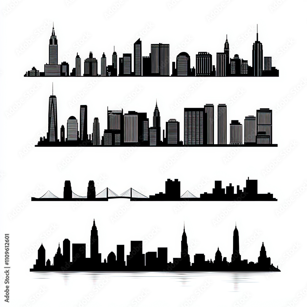 Naklejka premium Manhattan Skyline Silhouette, Black And White Illustration Isolated On White Background