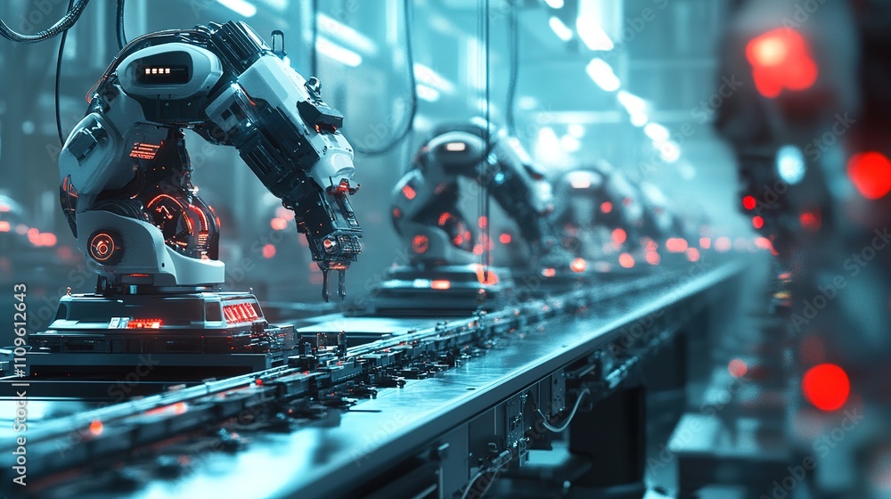 Obraz premium A factory assembly line producing high-tech devices at high speed.