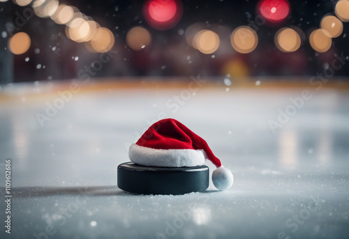 A hockey puck rests on the icy surface adorned with a small Santa hat creating a festive atmosphere photo