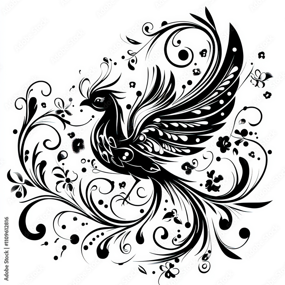 Fototapeta premium Phoenix Silhouette, Black And White Illustration Isolated On White Background