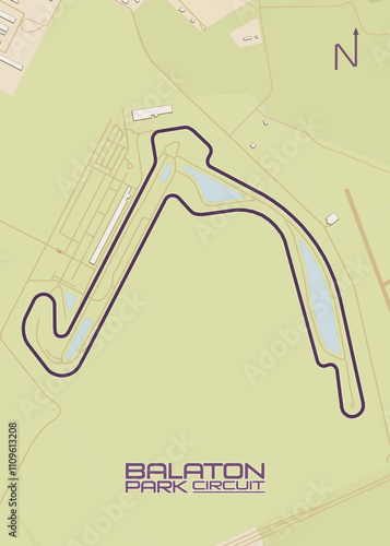 The image depicts a detailed map of the Balaton Park Circuit, a race track located in Hungary. The track is outlined in a dark purple color, winding through a green landscape.