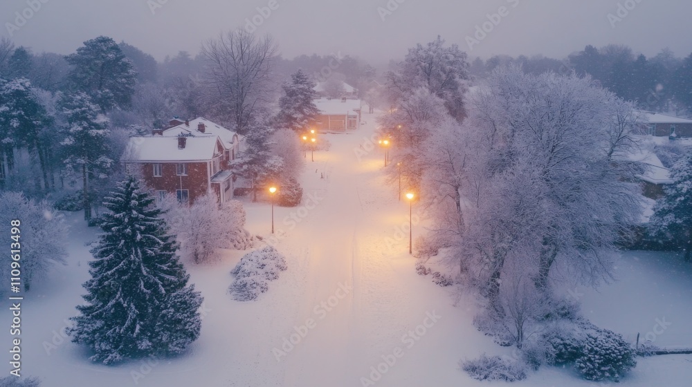 Snowy Street Scene with Houses and Streetlights at Dusk Snowy Street Scene with Houses and Streetlights at Dusk