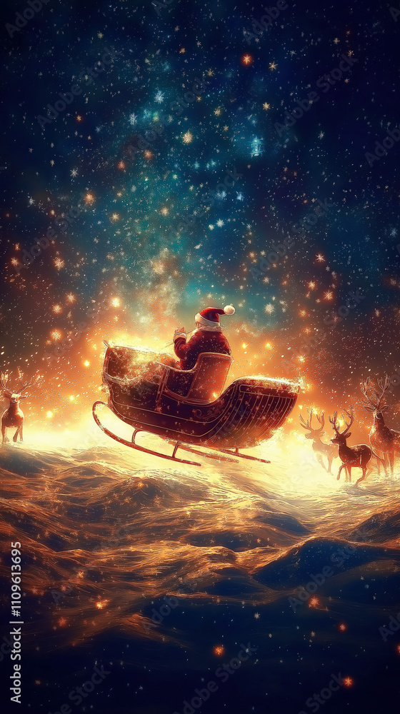 whimsical illustration of Santa Claus flying over a starry night sky in his sleigh, surrounded by cheerful reindeer and sparkling stars, bringing a playful spirit to your holiday wallpaper. whimsical illustration of Santa Claus flying over a starry night sky in his sleigh, surrounded by cheerful reindeer and sparkling stars, bringing a playful spirit to your holiday wallpaper.
