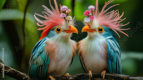 A pair of beautiful, colorful birds with long feathers and small flowers on their heads