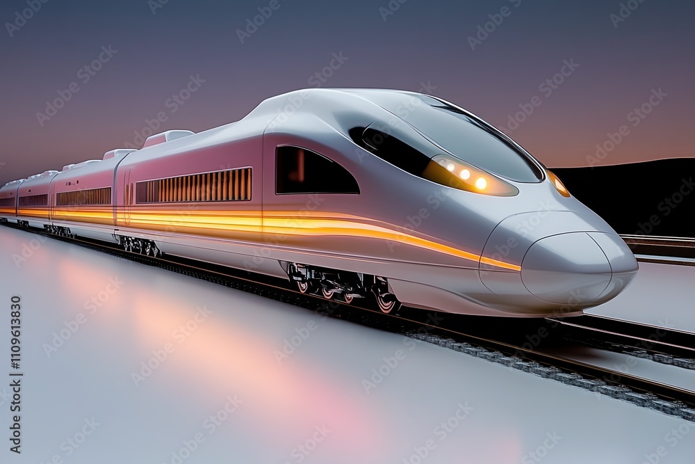 Naklejka premium Futuristic bullet train in a hyperrealistic setting with atmospheric lighting against a smooth white background