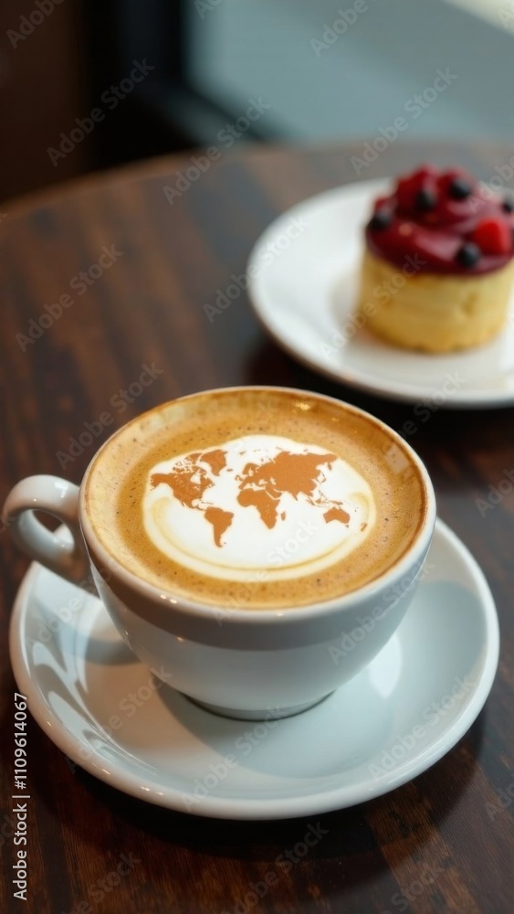 World map made of cinnamon on cappuccino foam. Cup of coffee, dessert, boarding passes. Travel concept. Cappuccino at the airport World map made of cinnamon on cappuccino foam. Cup of coffee, dessert, boarding passes. Travel concept. Cappuccino at the airport