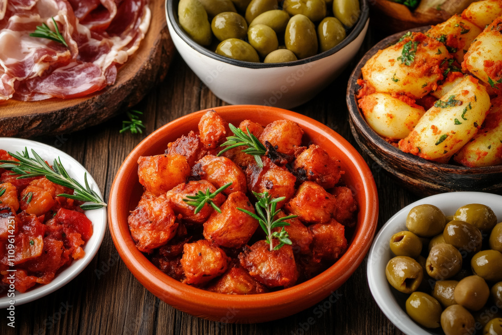 A Traditional Spanish Tapas Spread On A Rustic Wooden Table Featuring Patatas Bravas, Jam??n Ib??Rico, And A Selection Of Olives, Inviting Sharing And Socializing A Traditional Spanish Tapas Spread On A Rustic Wooden Table Featuring Patatas Bravas, Jam??n Ib??Rico, And A Selection Of Olives, Inviting Sharing And Socializing