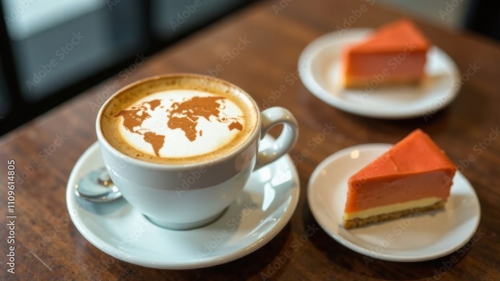 World map made of cinnamon on cappuccino foam. Cup of coffee, dessert, boarding passes. Travel concept. Cappuccino at the airport World map made of cinnamon on cappuccino foam. Cup of coffee, dessert, boarding passes. Travel concept. Cappuccino at the airport