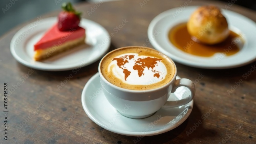 World map made of cinnamon on cappuccino foam. Cup of coffee, dessert, boarding passes. Travel concept. Cappuccino at the airport World map made of cinnamon on cappuccino foam. Cup of coffee, dessert, boarding passes. Travel concept. Cappuccino at the airport