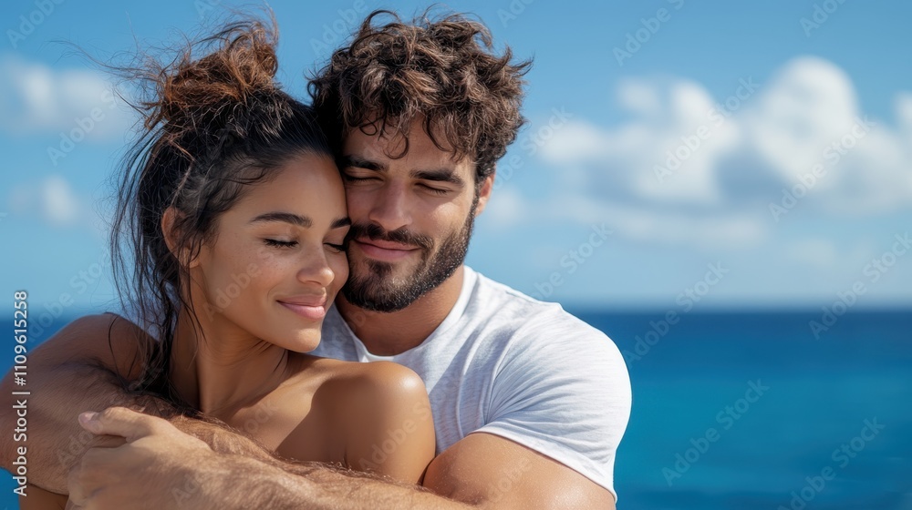 A serene couple embraces by the ocean's edge, embodying love, peace, and unity, with a backdrop of bright blue water and a calming sky above. A serene couple embraces by the ocean's edge, embodying love, peace, and unity, with a backdrop of bright blue water and a calming sky above.