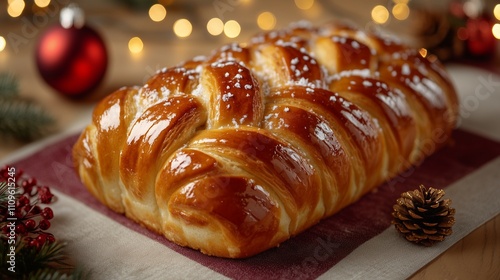 Simplistic and Elegant BÃ»che de NoÃ«l on a Festive Tablecloth photo