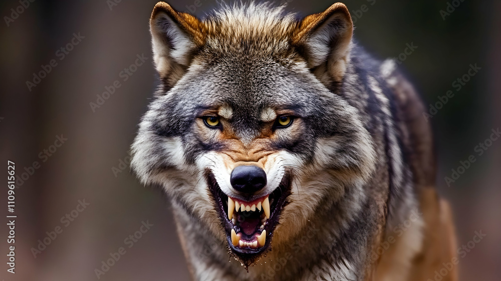 A fierce wolf snarling with its sharp teeth exposed, its intense expression and piercing gaze embodying its predatory dominance.
A fierce wolf snarling with its sharp teeth exposed, its intense expression and piercing gaze embodying its predatory dominance.
