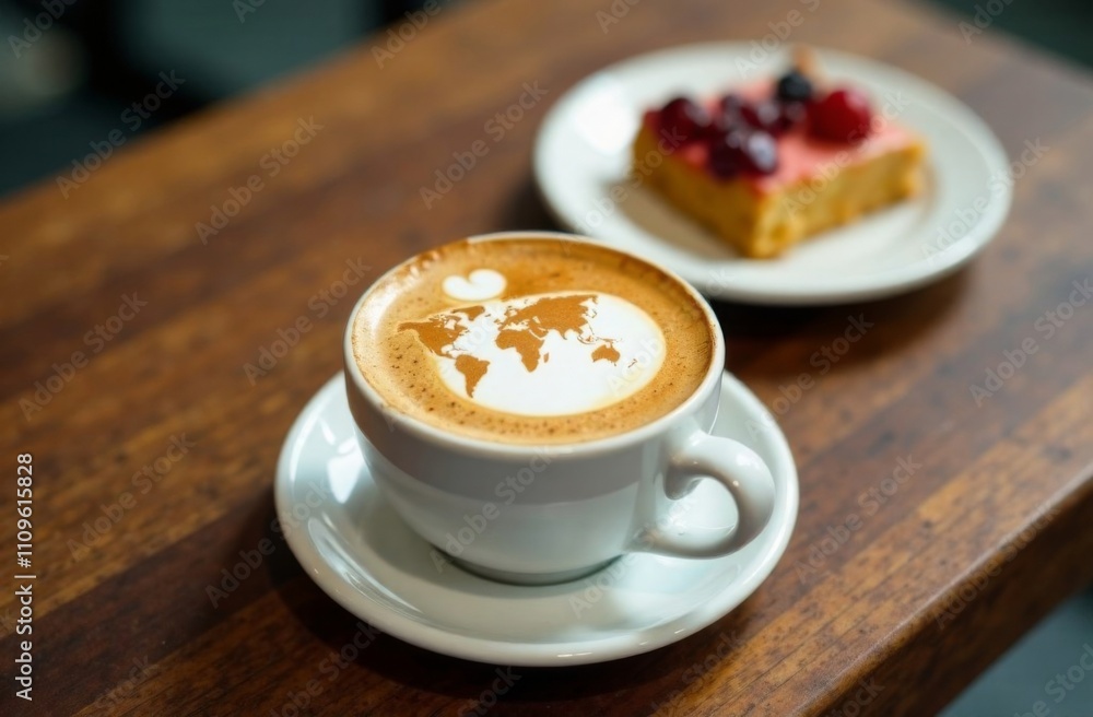 World map made of cinnamon on cappuccino foam. Cup of coffee, dessert, boarding passes. Travel concept. Cappuccino at the airport World map made of cinnamon on cappuccino foam. Cup of coffee, dessert, boarding passes. Travel concept. Cappuccino at the airport