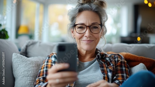 A casually styled woman with a bun relaxes on her couch, focused on her smartphone. The setting features neutral tones and a cozy, inviting atmosphere. photo