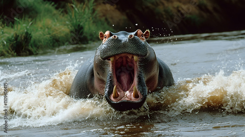 A hippo emerging aggressively from the river, roaring and causing a splash, emphasizing its territorial nature.

 photo