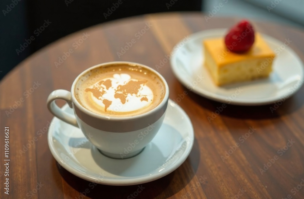 World map made of cinnamon on cappuccino foam. Cup of coffee, dessert, boarding passes. Travel concept. Cappuccino at the airport World map made of cinnamon on cappuccino foam. Cup of coffee, dessert, boarding passes. Travel concept. Cappuccino at the airport